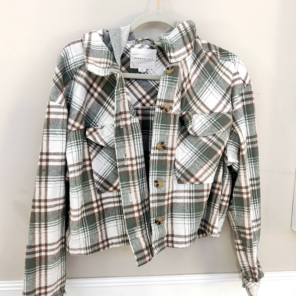 Aeropostale Green & Brown Hooded Flannel Button Jacket